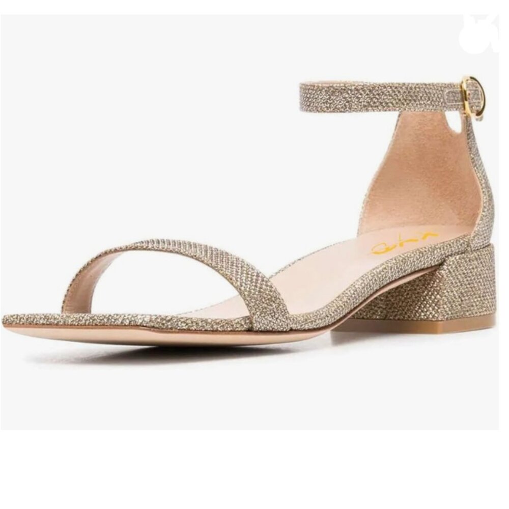 XYD Tan Glitter Open Toe Ankle Strap Low Chunky Heel Sandal for Wedding Dress